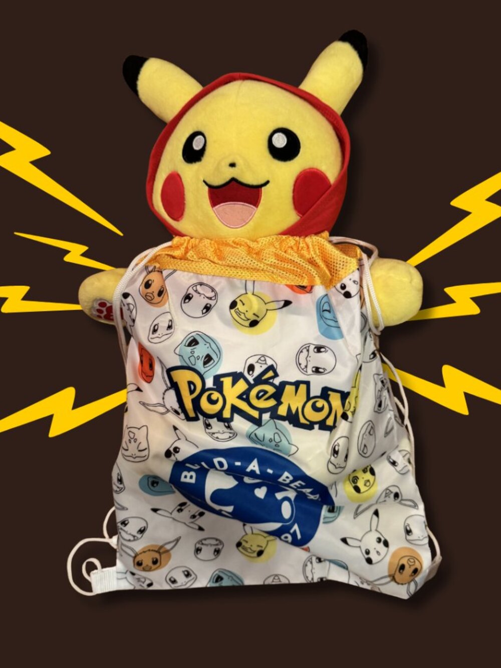 Build A Bear Pikachu Plush 17 Inch Pokeball Hoodie Pokemon Cinch Backpack EUC